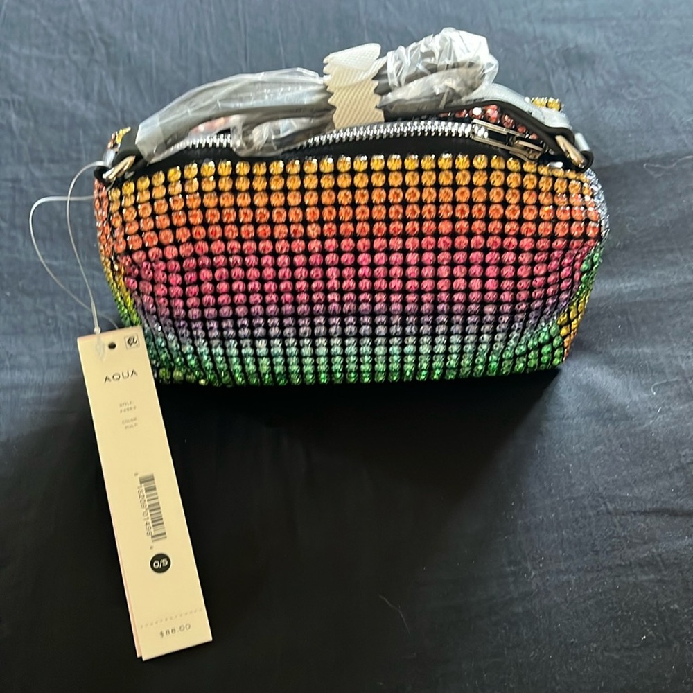 Aqua Rainbow crystal evening bag with chain strap
